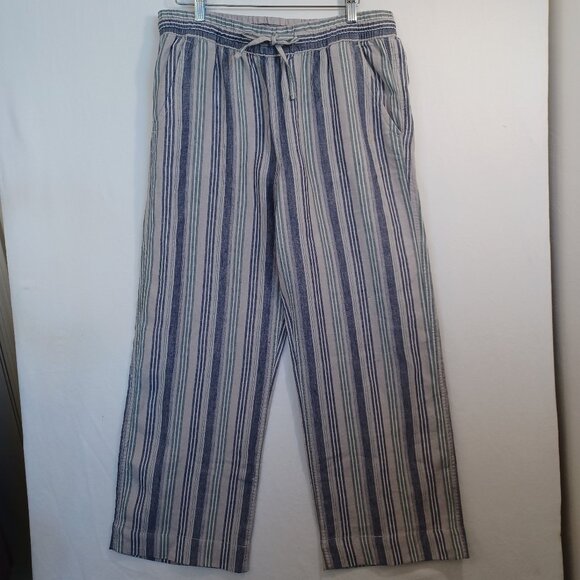 LL Bean Linen Pants Washable Pull-On Blue Gray Stripe Womens 10 - Picture 2 of 12